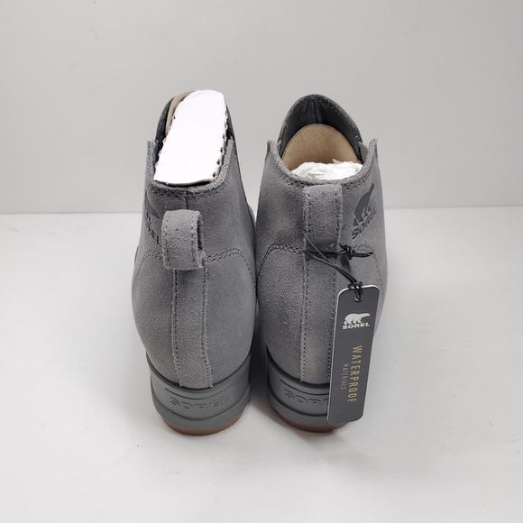 New SOREL Evie Wedge Gray Leather Ankle Boots - Picture 4 of 8